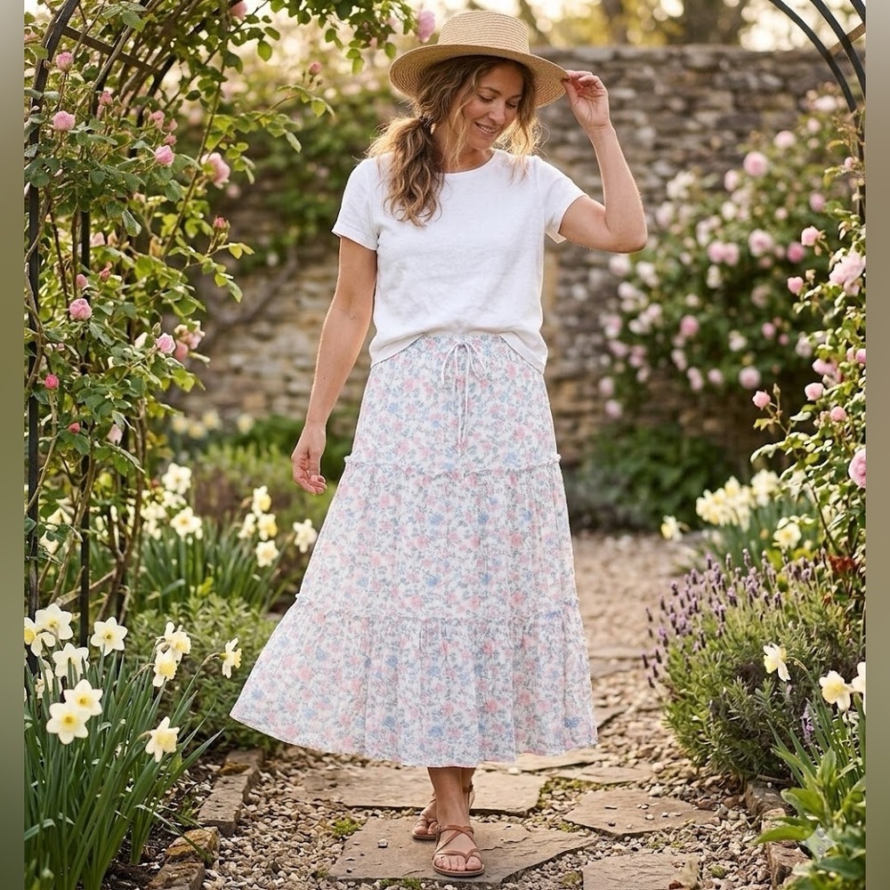 Celebrity Pink Floral Tiered Maxi Skirt - White with Pink & Blue - Picture 4 of 16